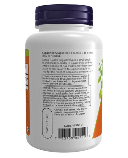 NOW Senna Leaves 470mg | Cassia angustifolia | Herbal Laxative to Support Digestive Regularity | Gentle on Your Stomach | 100 Capsules; Exp 07/2029