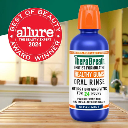 TheraBreath Healthy Gums Antigingivitis Oral Rinse Mouth Wash | Protects from Plaque & Tartar | Alcohol-Free | Clean Mint, 33.8 fl.oz/1 Litre; Exp 10/2026