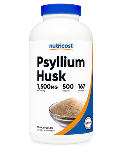Nutricost Psyllium Husk Capsules 1500mg | 500mg per Capsule | Promotes Digestive Health | Promotes Bowel Regularity | 500 Capsules; Exp 09/2028