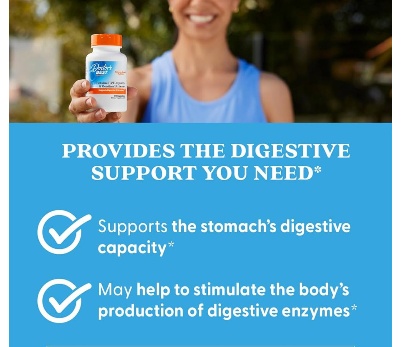 Doctor's Best Betaine HCl (hydrochloride) 650mg | with Pepsin & Gentian Bitters | Digestive Enzymes for Protein Breakdown & Absorption | 120 Capsules; Exp 06/2026 *New Look