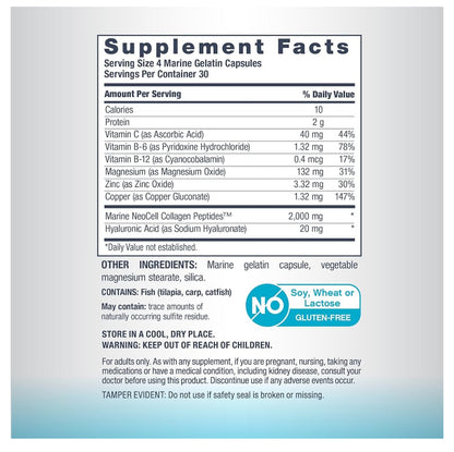 NeoCell Marine Collagen + Hyaluronic Acid & Vitamin C | With Collagen Type 1 & 3 | Improves Skin Hydration, Texture & Elasticity | With Hydrolyzed Collagen | Boosts Skin & Joint Health | 120 Capsule; Exp 05/2028