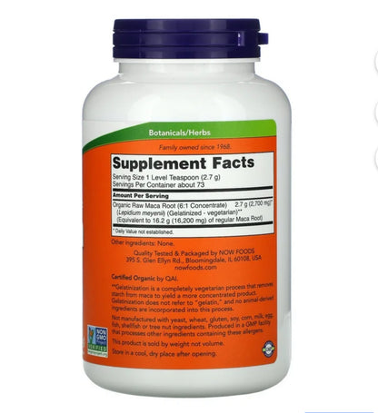 NOW Maca Pure Powder | Organic | Sexual & Reproductive Health | Supports Fertility | 7oz/198g; Exp 02/2028