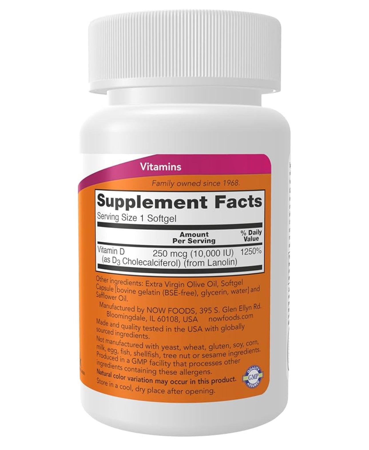 NOW Vitamin D3 10,000 IU (250mcg) | Immune and Hormonal Support | 120 Softgels; Exp 03/2028