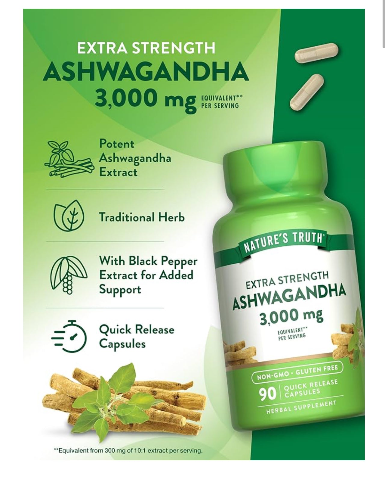 Nature's Truth Extra Strength Ashwagandha 3000mg  | with Black Pepper Extract | 90 Capsules; Exp 10/2027