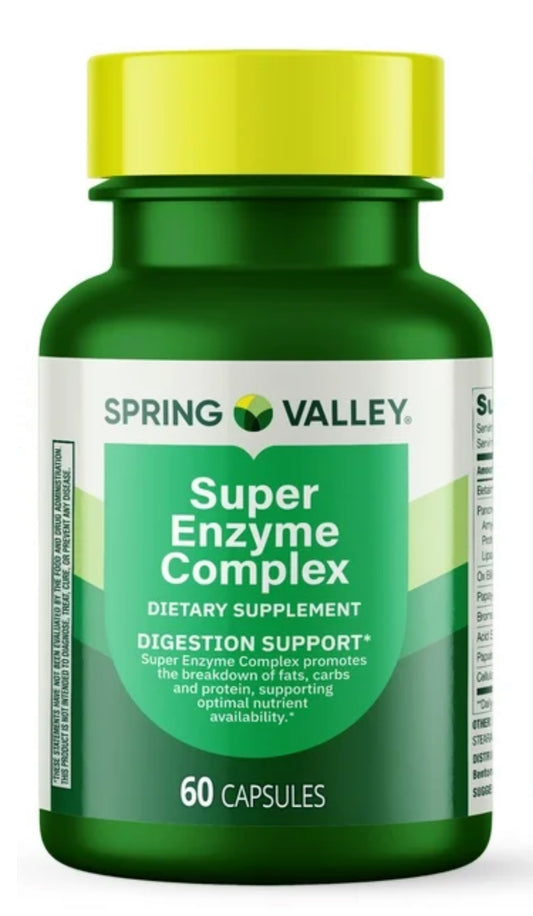 Spring Valley Super Enzyme Complex | With 225mg Betaine Hydrochloride, Ox Bile, Pancreatin, Protease, Papain, Bromelain & Cellulose | Supports Healthy Digestion and Nutrient Absorption | Digestive Enzymes | 60 Capsules; Exp 11/2026