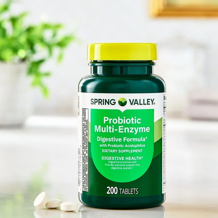 Spring Valley Probiotic Multi-Enzyme Digestive Formula | 66 Day Supply | Improves Digestion | Digestive Enzymes | 200 Tablets; Exp 05/2027 *New look