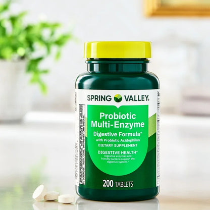 Spring Valley Probiotic Multi-Enzyme Digestive Formula | 66 Day Supply | Improves Digestion | Digestive Enzymes | 200 Tablets; Exp 05/2027 *New look