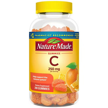 Nature Made Vitamin C 250 mg | Immune Health & Antioxidant Support | Aids with the Absorption of Iron | Tangerine Flavor; 200 Gummies; Exp 02/2028