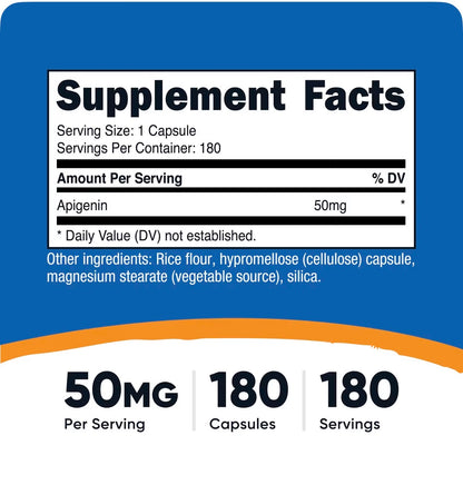 Nutricost Apigenin 50mg | For Natural Sleep, Relaxation, Antioxidant & Stress Relief Support | 180 Capsules; Exp 11/2028