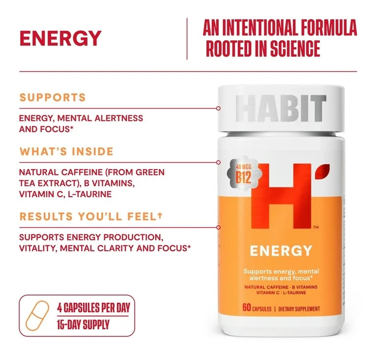 HABIT Energy Supplement | Supports Mental Alertness & Focus | with Green Tea Extract, Vitamins B1, B2, B6, B12 & C, L-Taurine 60 Capsules; Exp 01/2027