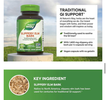 Nature's Way Slippery Elm Bark 400mg | Helps Coat & Soothe Gastrointestinal (GI) Tract | Helps with Acid Reflux | 100 Capsules; Exp 02/2029 ❗️ROUGH PACK 👉🏽Check last picture