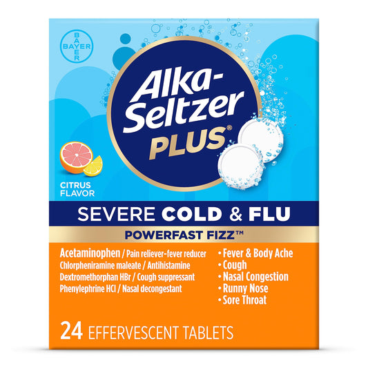 Alka-Seltzer (by Bayer) Plus Severe Cold & Flu Medicine | Relief from Nasal & Sinus Congestion, Sneezing, Runny Nose, Cough, Sore Throat | Citrus flavor- 24 Effervescent Tablets Exp 6/2025