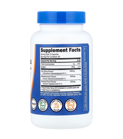 Nutricost Irish Sea Moss Extract with Bladderwrack & Burdock Root | 60 Servings | Supports Healthy Immune, Joint Function, Respiratory & Thyroid Health |  Helps Cleanse & Detoxify the Gut | Promotes Beautiful Skin | 𝟏𝟐𝟎 𝐂𝐚𝐩𝐬𝐮𝐥𝐞𝐬; Exp 03/2028