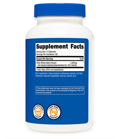 Nutricost White Willow Bark 1200mg | Natural Source of Salicin | Temporary Relief from Minor Pain of Overexertion | Soothing Comfort For Sore Joints and Muscles | 120 Capsules; Exp 08/2027