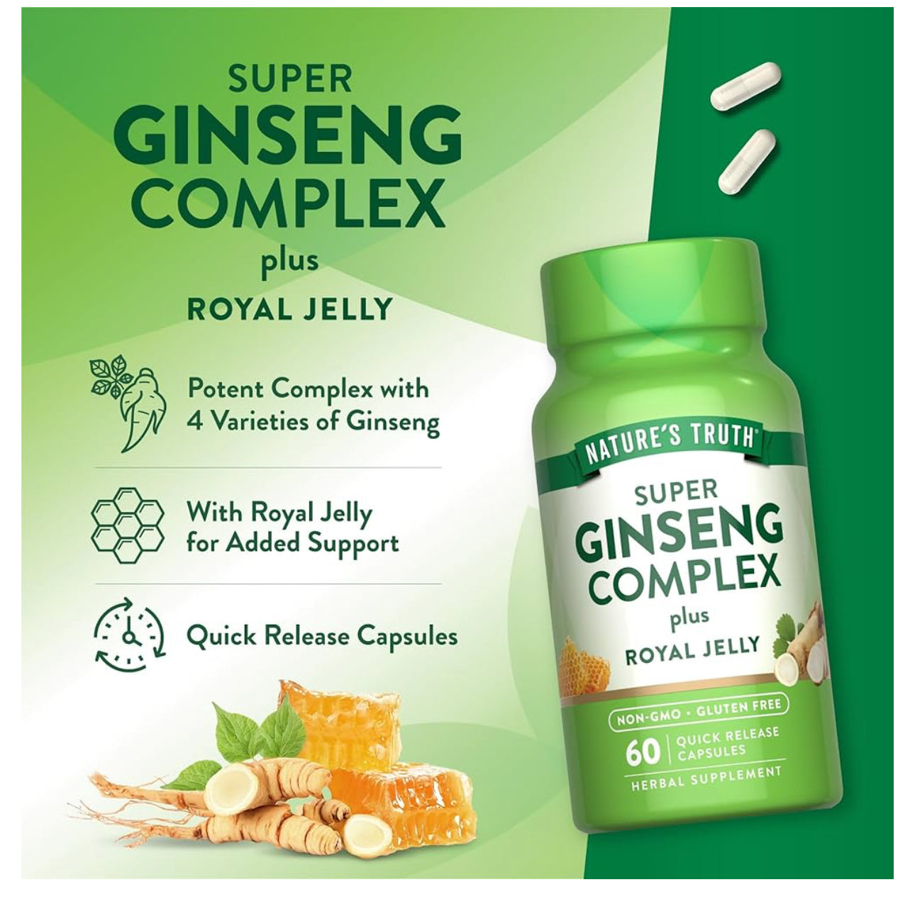 Nature's Truth Super Ginseng Complex | with Royal Jelly | Adaptogenic Blend | Wellness Support | 60 Capsules; Exp 10/2027