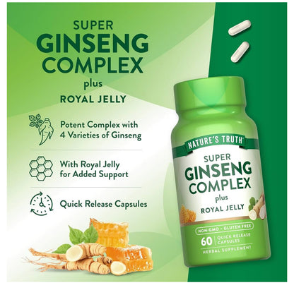 Nature's Truth Super Ginseng Complex | with Royal Jelly | Adaptogenic Blend | Wellness Support | 60 Capsules; Exp 10/2027