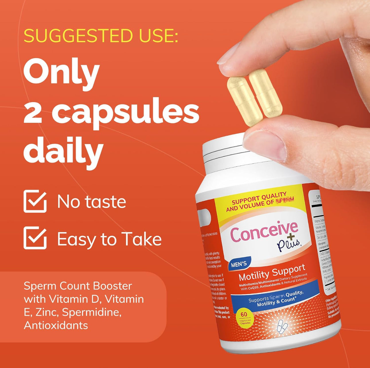 CONCEIVE PLUS Motility Support for Men | Formulated to Boost Sperm Volume & Motility | Vitamin D, Vitamin E, Zinc, Spermidine, Antioxidants | Enhances Sex Drive | 60 Capsules; Exp 08/2027