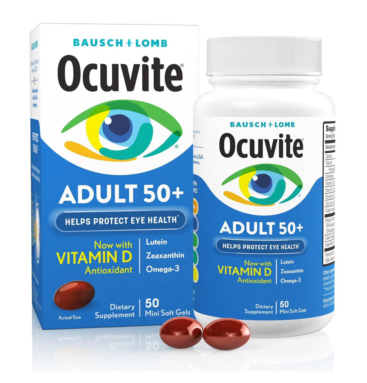Ocuvite 50+ Eye Multivitamin | for Vision & Ocular Health with Omega-3, Zinc, Vitamins C & E, Lutein, Zeaxanthin & Zinc | for Women and Men, 50 Mini Softgels; Exp 05/2026