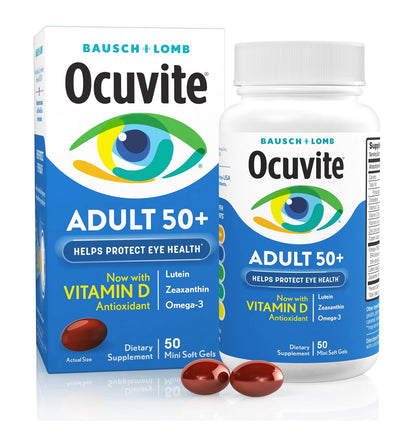 Ocuvite 50+ Eye Multivitamin | for Vision & Ocular Health with Omega-3, Zinc, Vitamins C & E, Lutein, Zeaxanthin & Zinc | for Women and Men, 50 Mini Softgels; Exp 05/2026