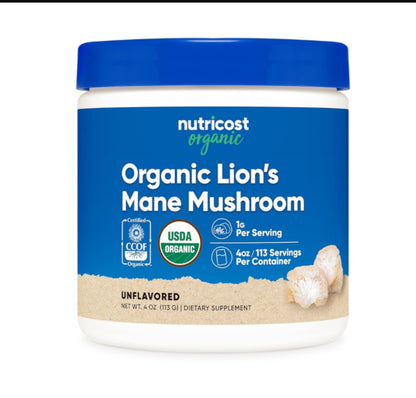 Nutricost 100% Organic Lion's Mane Mushroom Powder | 1000mg per Serving | 113 Servings | 100% Fruiting Body | 4oz/113g; Exp 11/2028