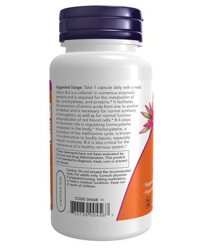 NOW B6 100mg | Supports Healthy Homocysteine Metabolism | 
Important for Nervous System Function | 100 Capsules; Exp 04/2031