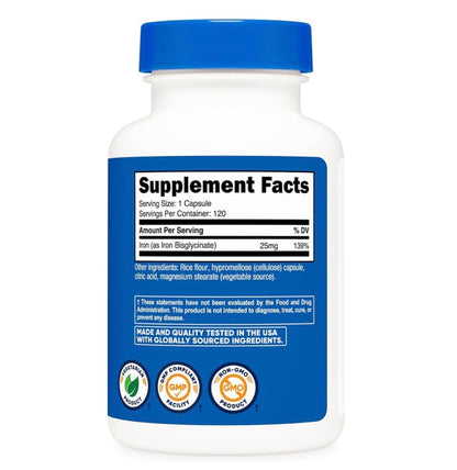 Nutricost Iron Bisglycinate 25mg | Well Absorbed Form of Iron | Essential for the Formation & Function of Healthy RBCs and Improves Energy levels | 120 Capsules; Exp 02/2029