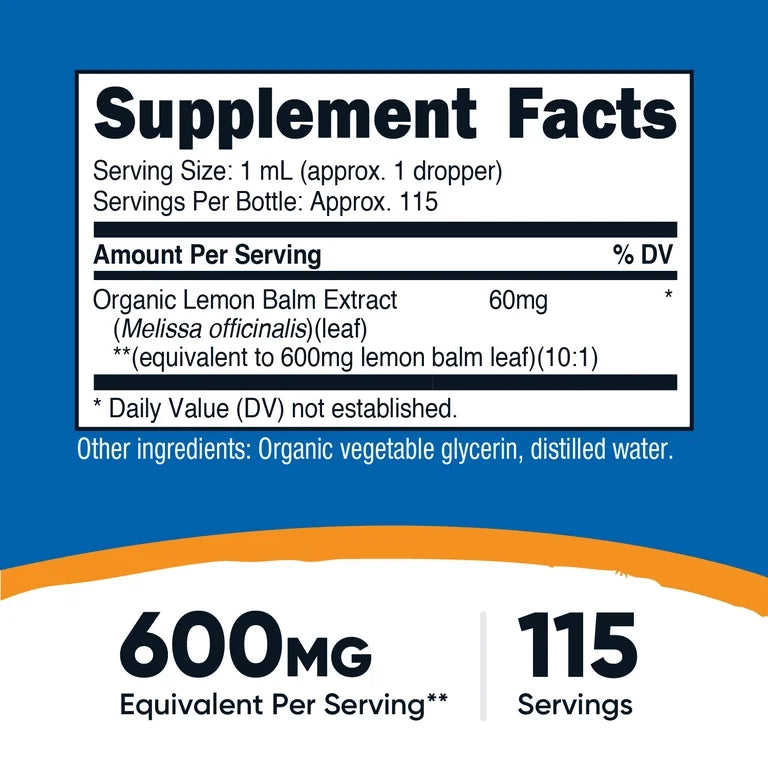 Nutricost Organic Lemon Balm Liquid Extract, Melissa Officinalis | Nervine Herb | Nerve-Soothing Support for Hectic Days & Busy Minds | 115 Servings | 3.8 Fl.oz/115ml; Exp 05/2028