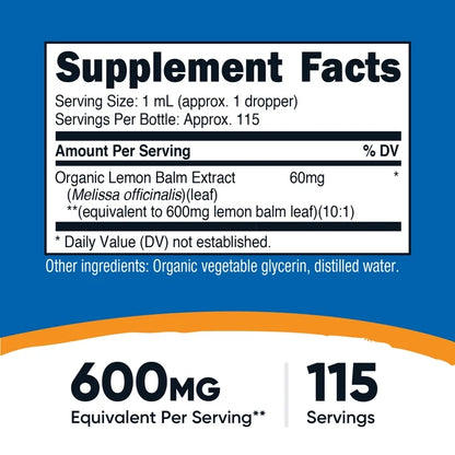 Nutricost Organic Lemon Balm Liquid Extract, Melissa Officinalis | Nervine Herb | Nerve-Soothing Support for Hectic Days & Busy Minds | 115 Servings | 3.8 Fl.oz/115ml; Exp 05/2028