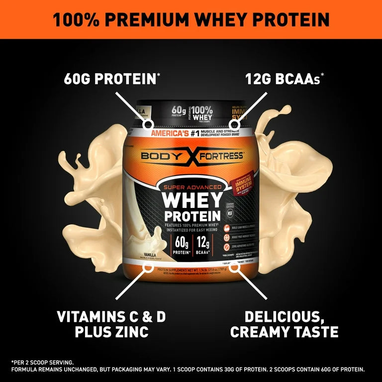Body Fortress Super Advanced 100% Premium Whey Protein Powder | 60 g Protein Per Serving | To Build Lean Muscle | Boosts Post-Workout Recovery|  Vanilla Flavor , 1.74lbs/789g; 𝗘𝘅𝗽 10/2027