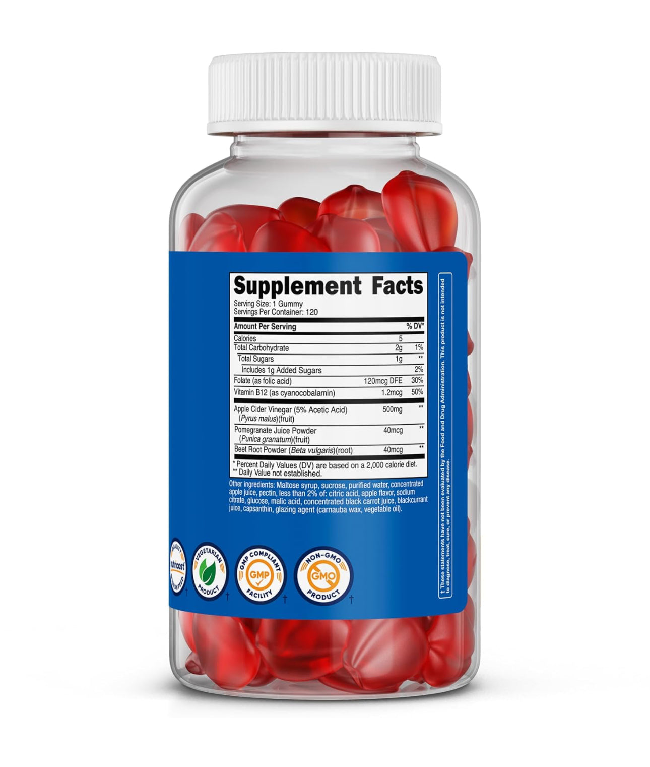 Nutricost Apple Cider Vinegar 500mg with Vitamin B12, Folate, Beet Root Powder & Pomegranate Juice Powder | 120 Servings | Improves Digestion, Gut Health and Controls Appetite | Apple Flavored ACV | 120 Gummies; Exp 11/2027