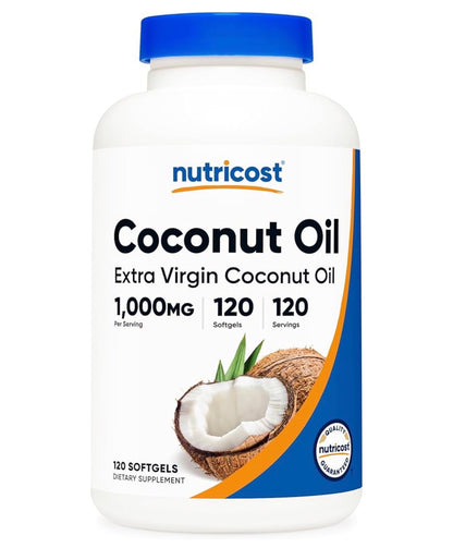 Nutricost Coconut Oil 1000mg | Extra Virgin Coconut Oil | Supports Cardiovascular Health, Blood Sugar Metabolism, Cognitive Function & Healthy Brain Development | 120 Softgels; Exp 08/2028
