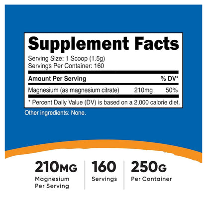 Nutricost Magnesium Citrate Powder | 210 mg Magnesium Per Serving | 160 Servings per Container | 8.9oz/250g; Exp 07/2027