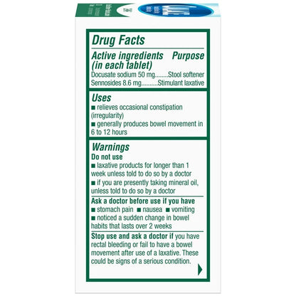 Colace 2-in-1 Stool Softener with Stimulant Laxative | Ducosate Sodium 50mg, Sennosodes 8.6mg | For Adults & Children above 2 Years Old | 30 Tablets; Exp 06/2027