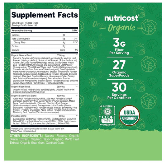 Nutricost Organic Super Greens Powder | 30 Servings | Superfood Drink Mix | Unflavored ~ 11oz/309g; Exp 09/2028