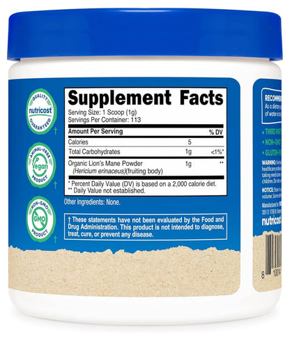 Nutricost 100% Organic Lion's Mane Mushroom Powder | 1000mg per Serving | 113 Servings | 100% Fruiting Body | 4oz/113g; Exp 11/2028