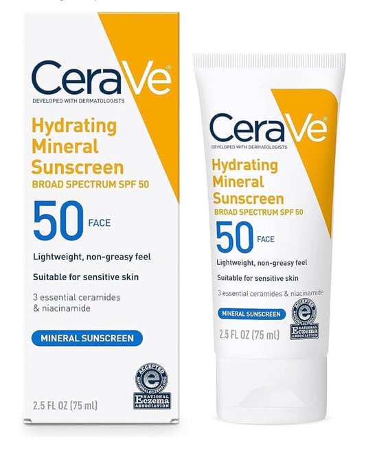 CeraVe 100% Mineral Sunscreen SPF 50, Face sunscreen With Zinc Oxide & Titanium Dioxide, Hyaluronic Acid + Niacinamide + Ceramides | 2.5oz; Exp 04/2026