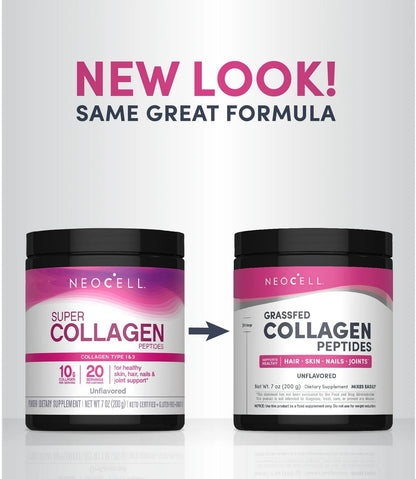 NeoCell Grassfed Collagen Peptides Powder | Formerly NeoCell Super Collagen Peptides | Unflavored ~7oz/200g; Exp 10/2029 (New Look)