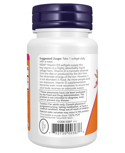 NOW Vitamin D3 2000 IU (50mcg) | Immune and Hormonal Support | 120 Softgels; Exp 06/2029