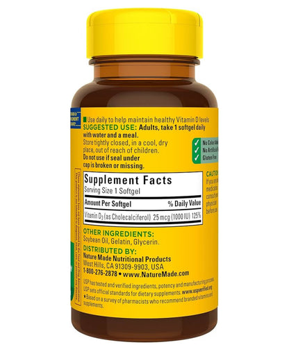 Nature Made Vitamin D3 1000 IU 
(25 mcg) | Supports Bone, Teeth, Muscle, Hormone and Immune Health | 100 Day Supply | 100 Softgels; Exp 06/2027