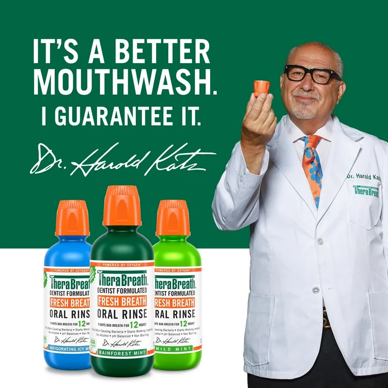 TheraBreath Fresh Breath Mouth Rinse | Alcohol-Free Mouthwash for Adults | Rainforest Mint 16oz/473ml; Exp 12/2027