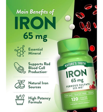 Nature's Truth Iron 65mg | 325mg Ferrous Sulfate | 120 Tablets; Exp 03/2027