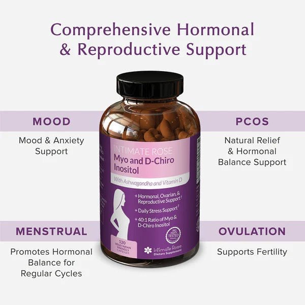 Intimate Rose Myo and D-Chiro Inositol with Ashwagandha and Vitamin D | 40:1 Ratio of Myo & D-Chiro Inositol | Hormonal, Ovarian & Reproductive Support | 120 capsules; Exp 02/2027 (New Look)
