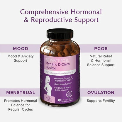Intimate Rose Myo and D-Chiro Inositol with Ashwagandha and Vitamin D | 40:1 Ratio of Myo & D-Chiro Inositol | Hormonal, Ovarian & Reproductive Support | 120 capsules; Exp 02/2027 (New Look)