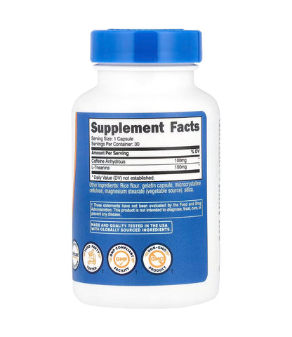 Nutricost Caffeine 100mg | With L-Theanine 100mg | Stimulant | Promotes Calm & Energized Alertness | 30 Capsules; Exp 08/2027