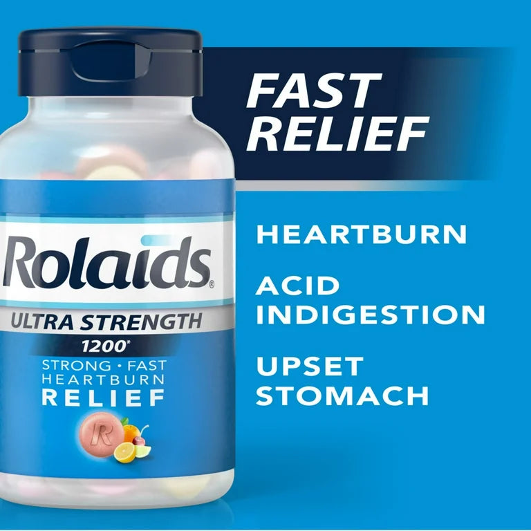 Rolaids Ultra Strength Chewable Antacid | Calcium Carbonate 1000mg + Magnesium Hydroxide 200mg | Assorted Fruit, 72 Tablets; Exp 08/2026