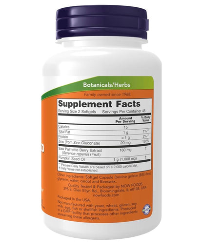 NOW Saw Palmetto Extract 160mg with Pumpkin Seed Oil (1000mg) & Zinc Gluconate (20mg) | Supports Healthy Prostate Function | 90 Softgels; Exp 05/2029