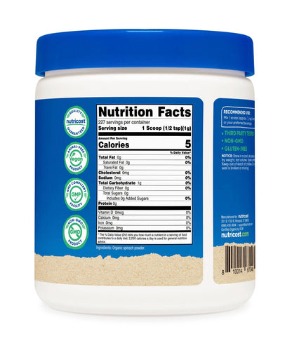 Nutricost Organic Spinach Powder | 227 Servings | Natural Source of Lutein, Folate, Fibre & Magnesium | Supports Eye Health & Overall Wellness | 8oz/227g; Exp 12/2027