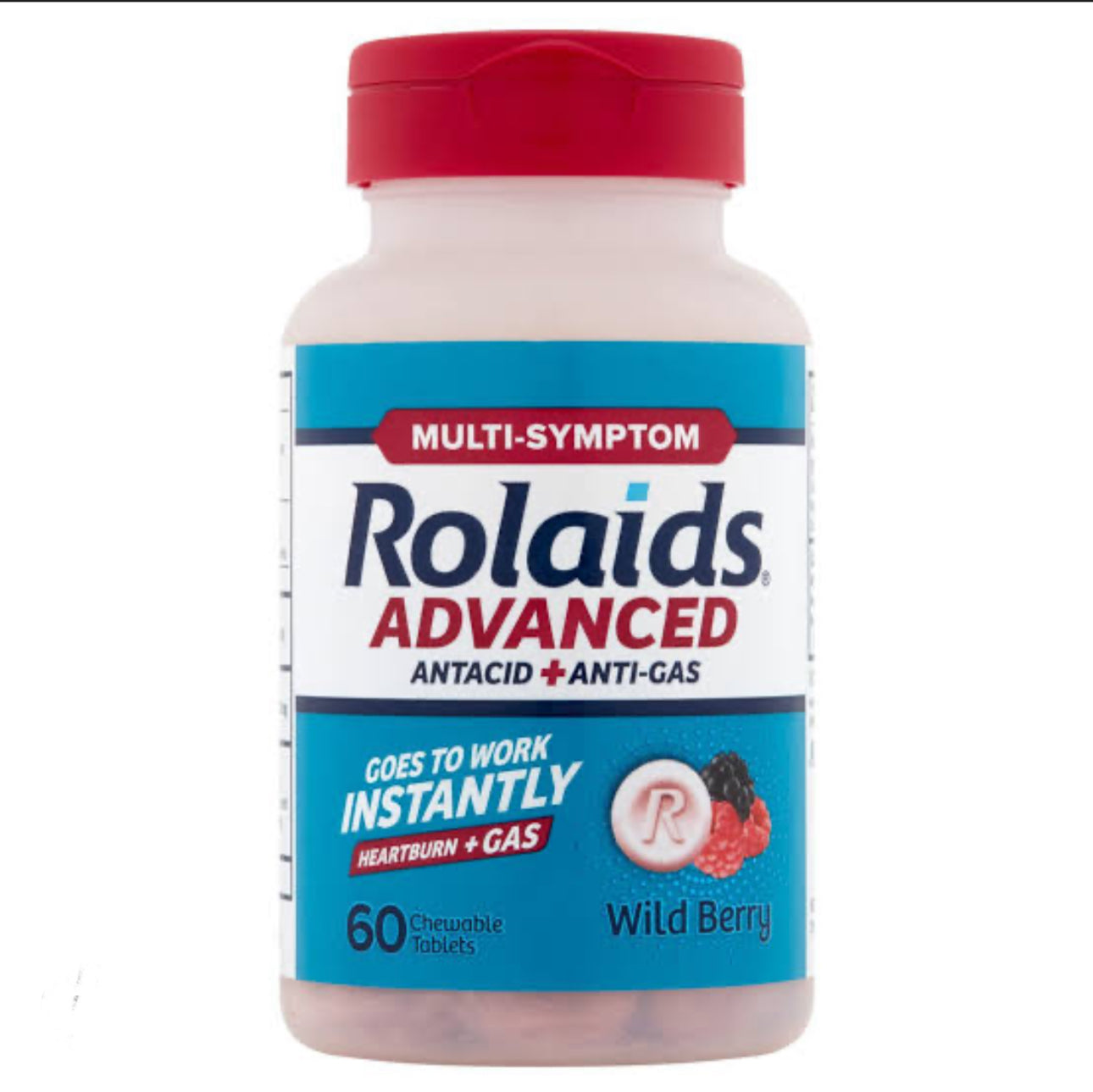 Rolaids Advanced Heartburn + Gas Antacid | Calcium Carbonate 1000mg + Magnesium Hydroxide 200mg + Simethicone 40mg | Wild Berry ~ 60 Chewable Tablets; Exp 02/2026