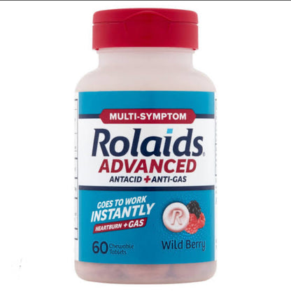Rolaids Advanced Heartburn + Gas Antacid | Calcium Carbonate 1000mg + Magnesium Hydroxide 200mg + Simethicone 40mg | Wild Berry ~ 60 Chewable Tablets; Exp 02/2026