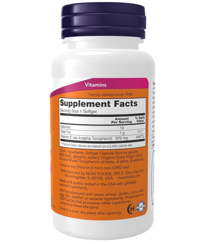 NOW Vitamin E 1,000iu with Mixed Tocopherols | Antioxidant Protection | 50 Softgels; Exp 01/2030